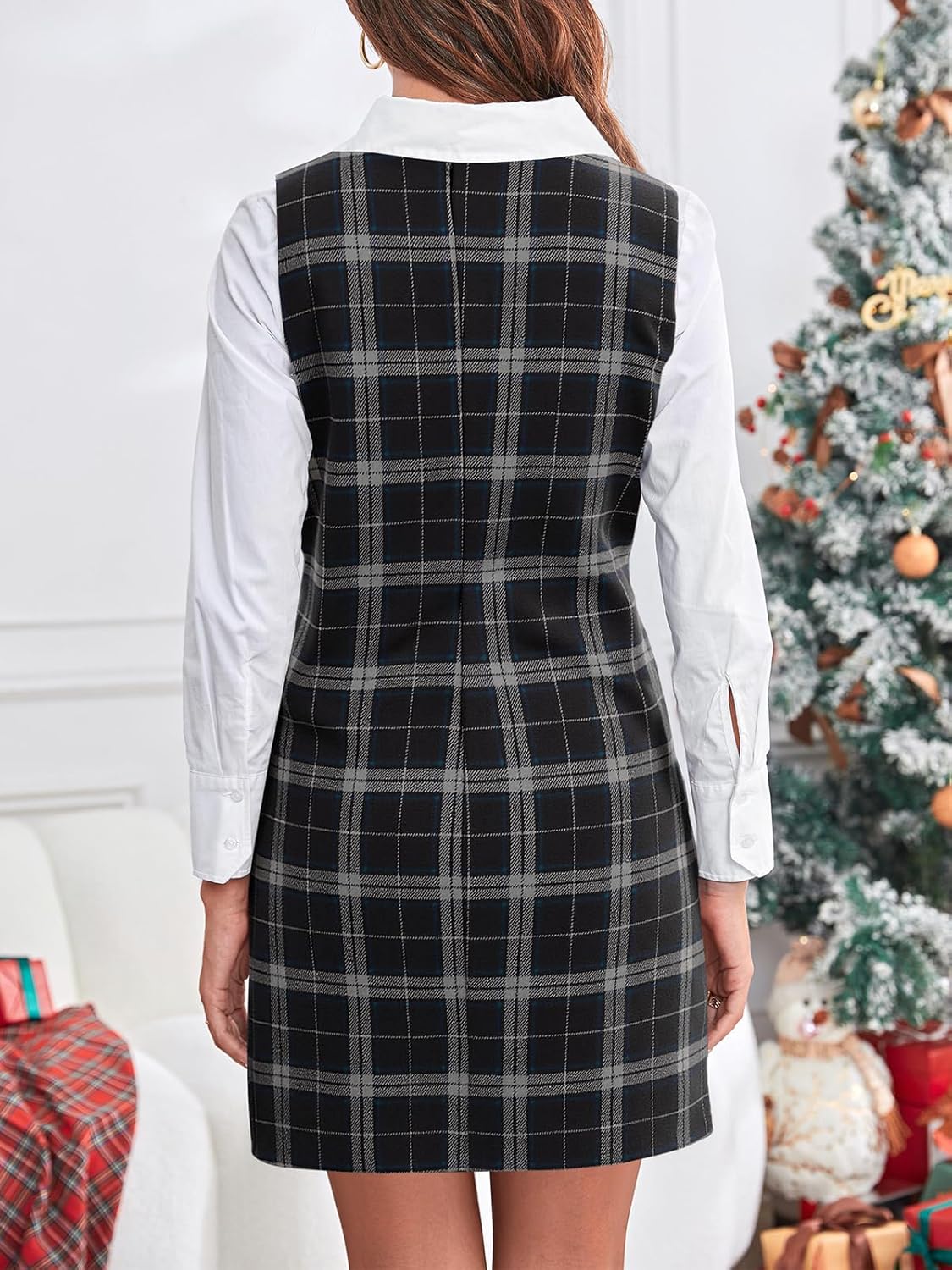 Imily Bela Women's Plaid Christmas Dress Mini Sleeveless Round Neck A Line Short Xmas Party Dresses