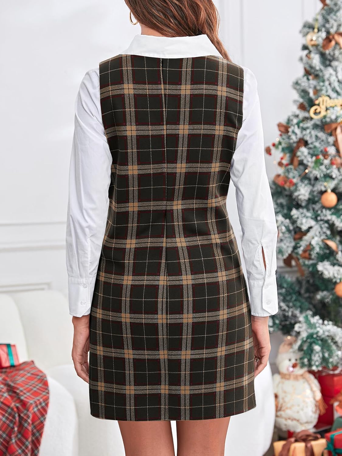 Imily Bela Women's Plaid Christmas Dress Mini Sleeveless Round Neck A Line Short Xmas Party Dresses