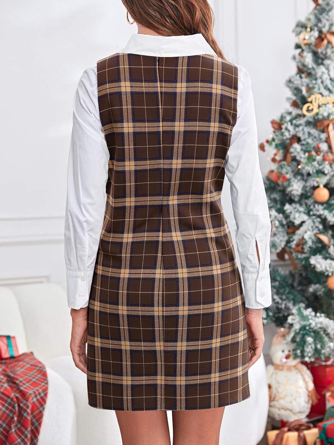 Imily Bela Women's Plaid Christmas Dress Mini Sleeveless Round Neck A Line Short Xmas Party Dresses