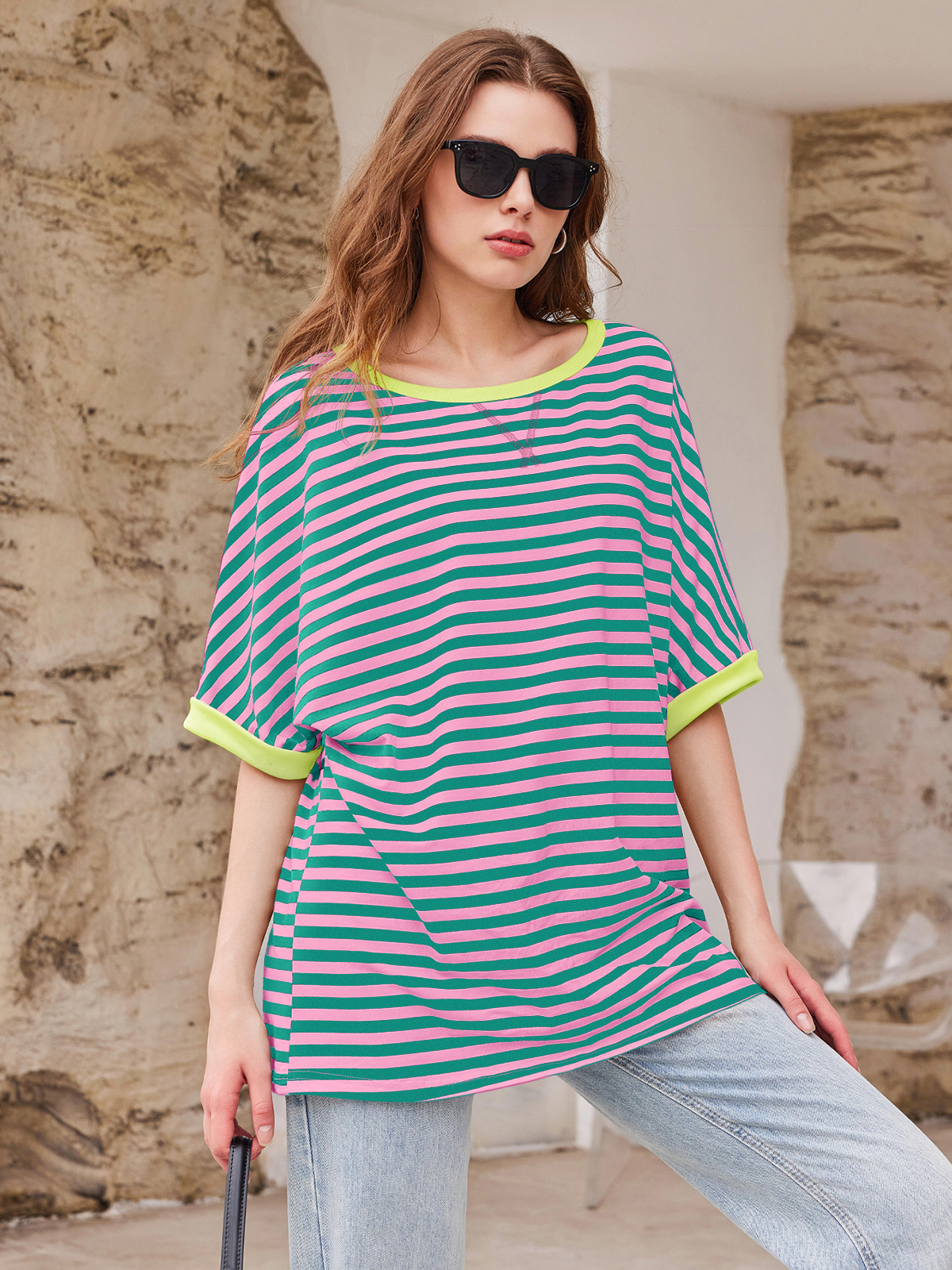 Imily Bela Womens Oversized Striped Tee Shirt Summer Casual Color Block Half Sleeve Crew Neck Tunic Tops