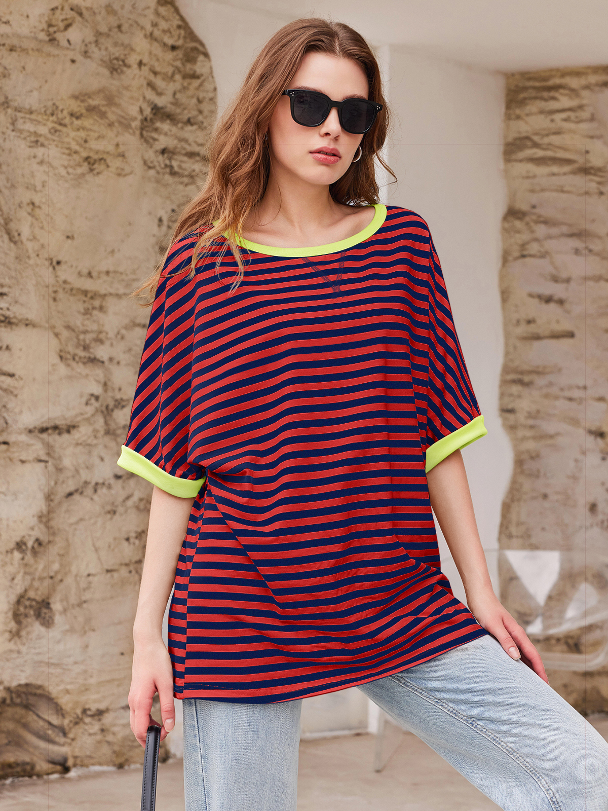 Imily Bela Womens Oversized Striped Tee Shirt Summer Casual Color Block Half Sleeve Crew Neck Tunic Tops