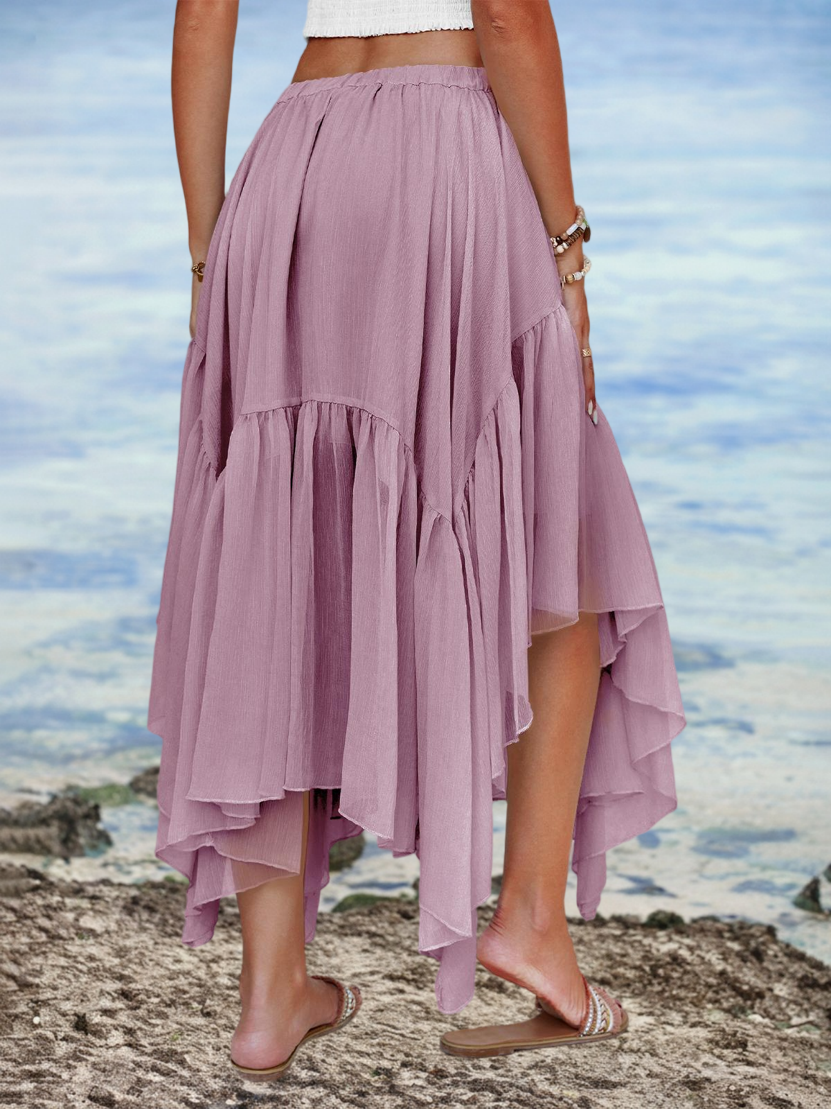 Imily Bela Womens Summer Boho Maxi Skirt Casual Asymmetric High-Low Hem Flowy Bohemia Long Skirt