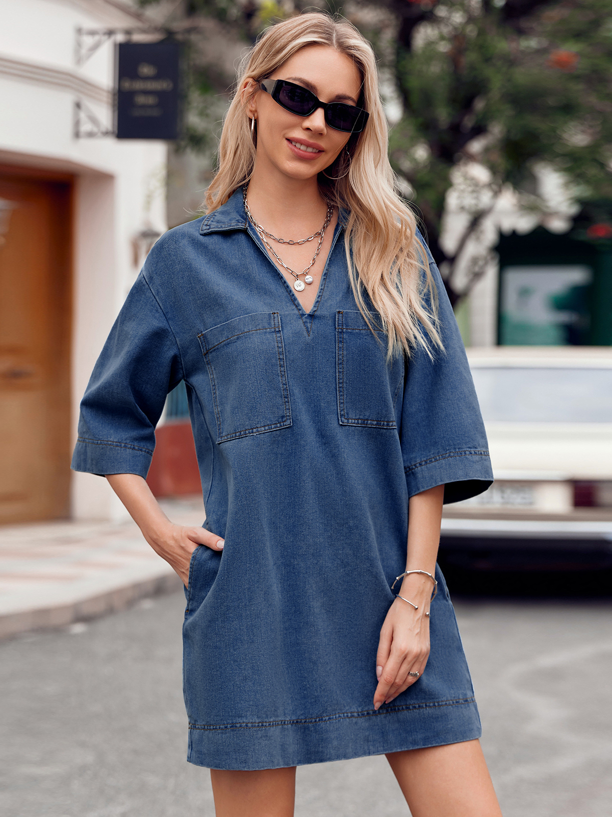 Imily Bela Womens Denim Shirt Dress Summer Collared V Neck Mini Casual Jean Dresses with Pockets