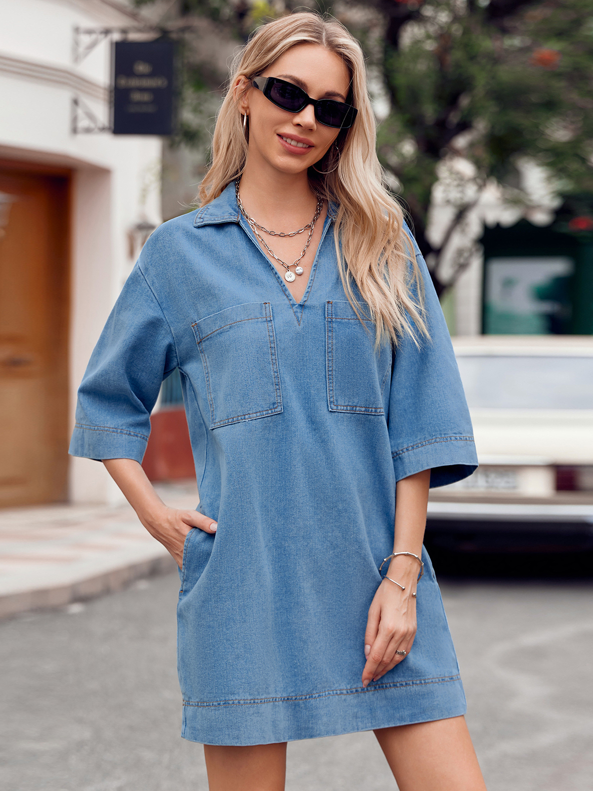 Imily Bela Womens Denim Shirt Dress Summer Collared V Neck Mini Casual Jean Dresses with Pockets