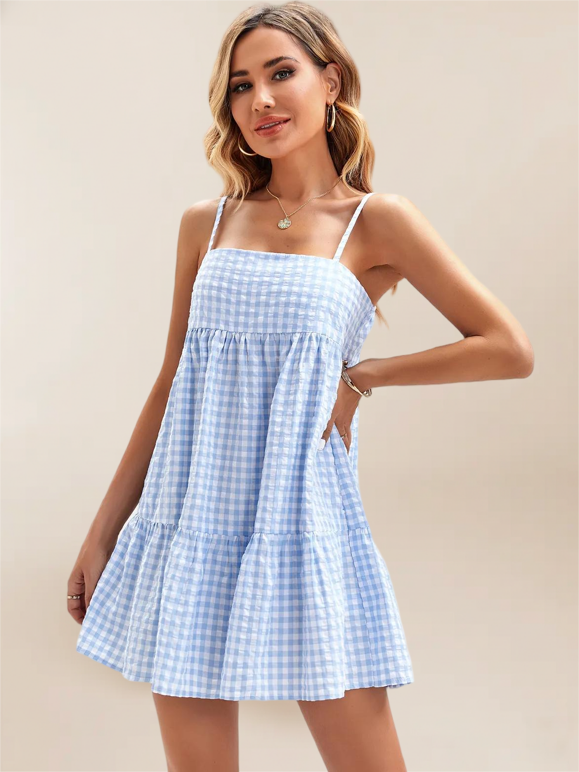 Imily Bela Womens Plaid A-line Dresses Shoulder Straps Ruffle Hem Casual Mini Dress with Side Pocket