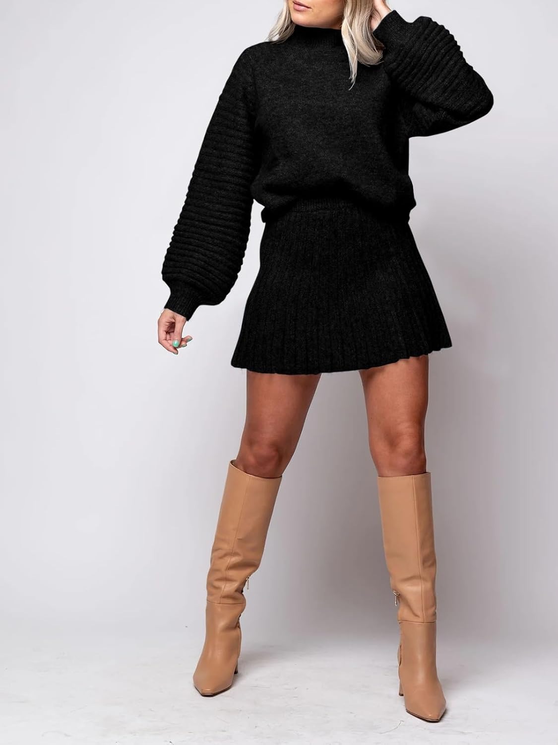 Imily Bela Womens 2 Piece Skirt Sets 2025 Mock Neck Ribbed Sweaters and Mini Skirt Fall Winter Two Piece Outfits