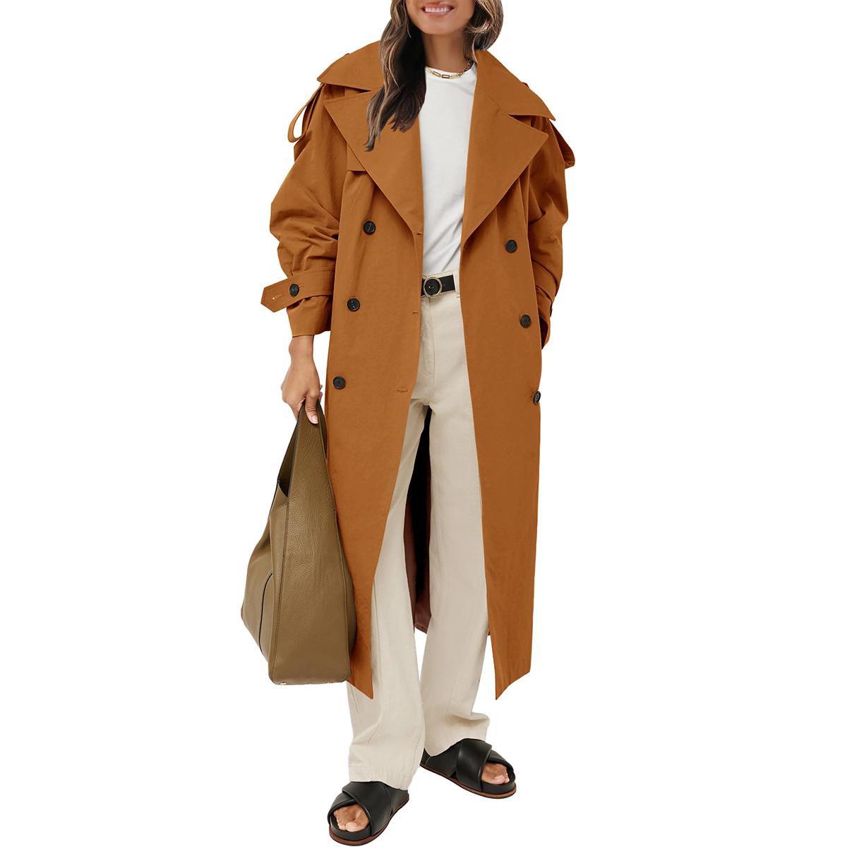 Brown Imily Bela Womens Oversized Long Trench Coat Double Breasted Lapel Windproof Overcoat with Belt