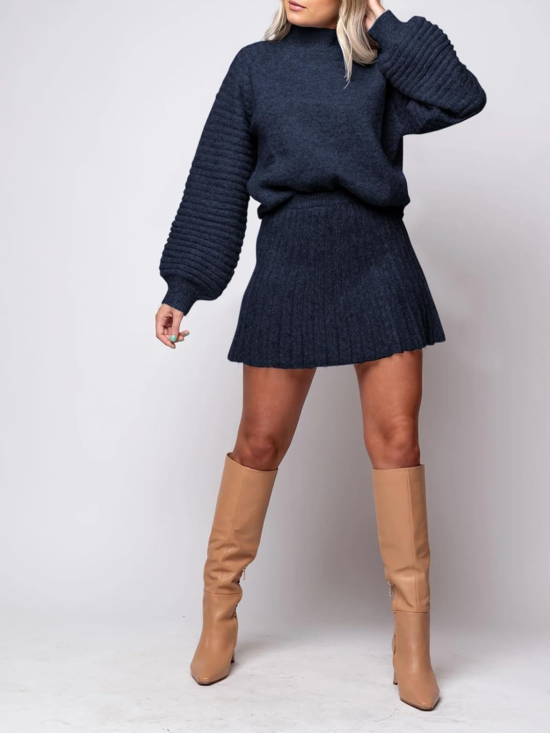 Imily Bela Womens 2 Piece Skirt Sets 2025 Mock Neck Ribbed Sweaters and Mini Skirt Fall Winter Two Piece Outfits