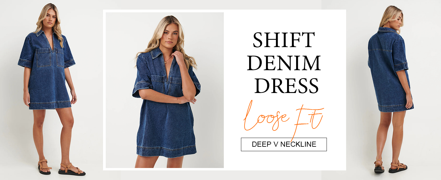 Imily Bela Womens Denim Shirt Dress Summer Collared V Neck Mini Casual Jean Dresses with Pockets