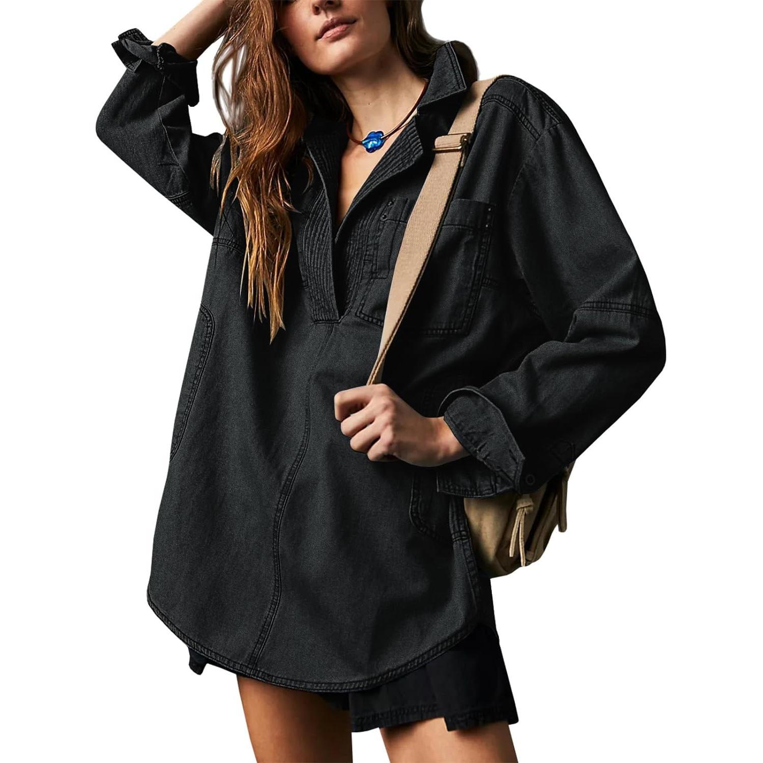 black Imily Bela S~2XL Womenswear FallFreshness Denim Pullover Casual Comfort Button V Neck Blouse Loose Fit Tops Longsleeves Jean Jacket With Pocket