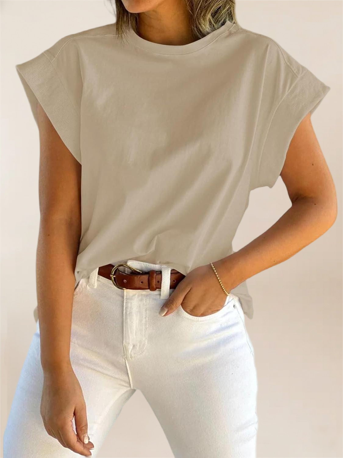 Imily Bela Womens Summer Cap Sleeve Tank Top Crew Neck Solid Casual Loose Fit Basic Tee Shirt