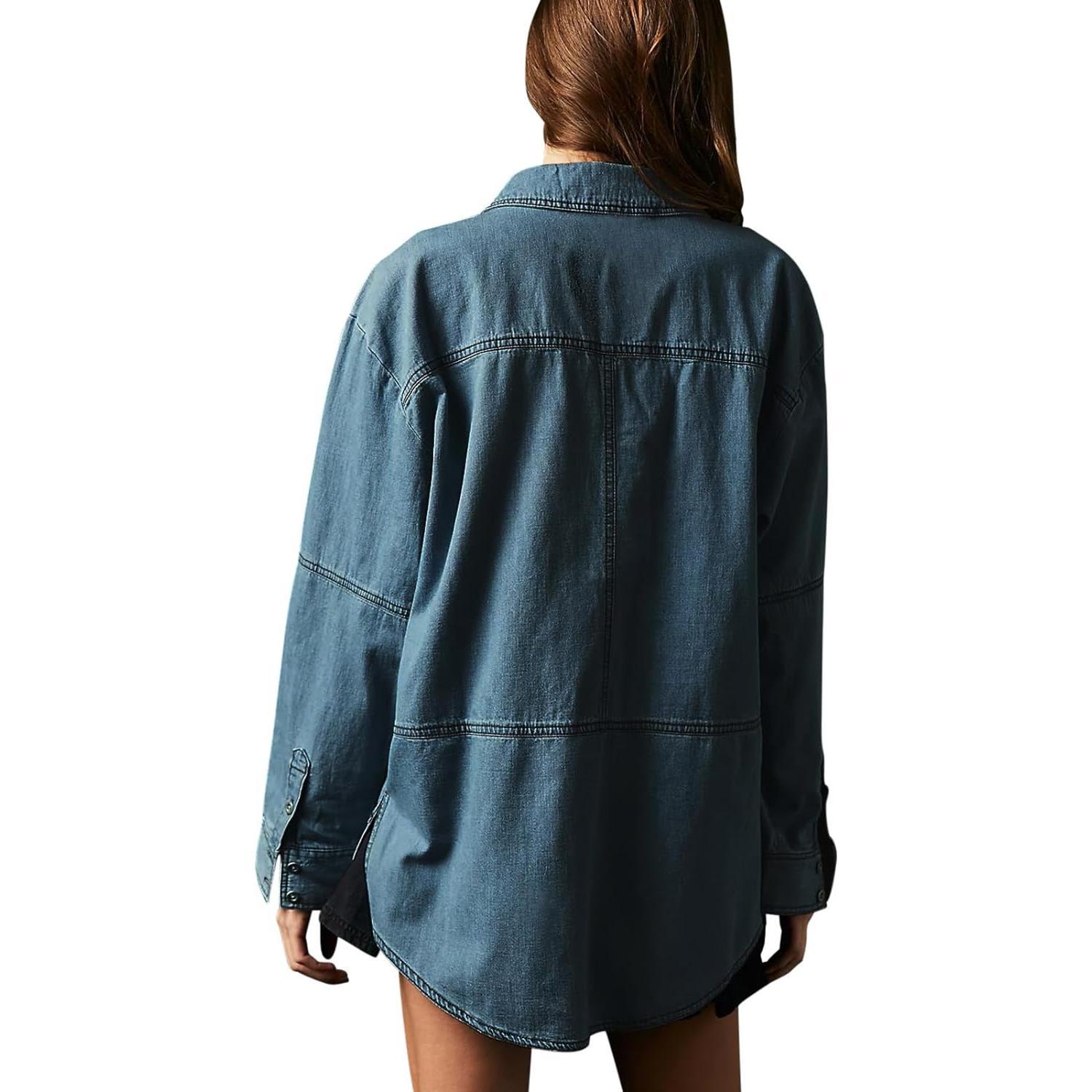 Imily Bela S~2XL Womenswear FallFreshness Denim Pullover Casual Comfort Button V Neck Blouse Loose Fit Tops Longsleeves Jean Jacket With Pocket