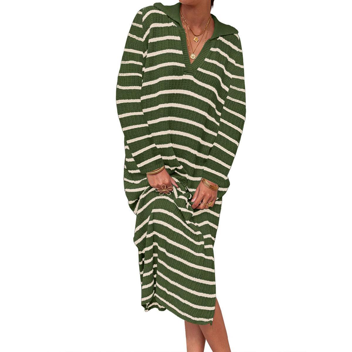 Army Green-long sleeve Imily Bela Womens Striped Summer Dresses Short Sleeve V Neck Knit Collared Sexy Slit Loose Maxi Sweater Dress