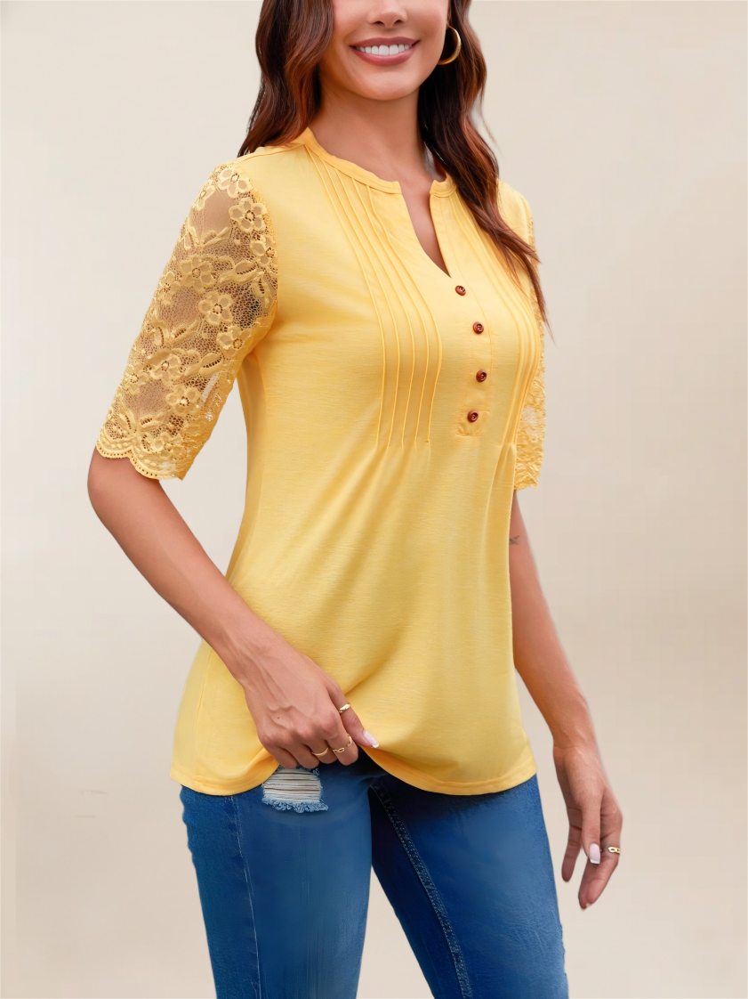 Imily Bela Womens Summer Tops Pleated Button Down Short Sleeve T-Shirt V-Neck Casual Lace Blouse