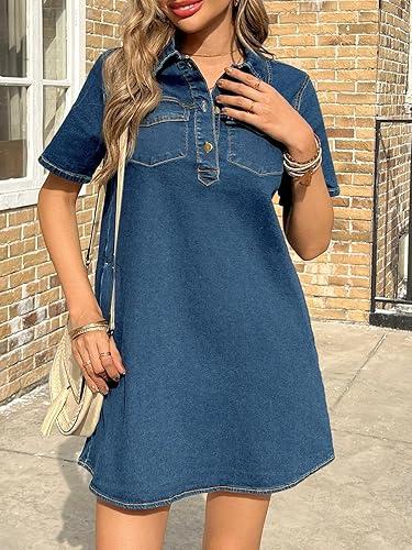 Imily Bela Women'S Short Sleeve Denim Dress Button Down Collared Loose Fit Summer Casual Jean Shirt Mini Dresses