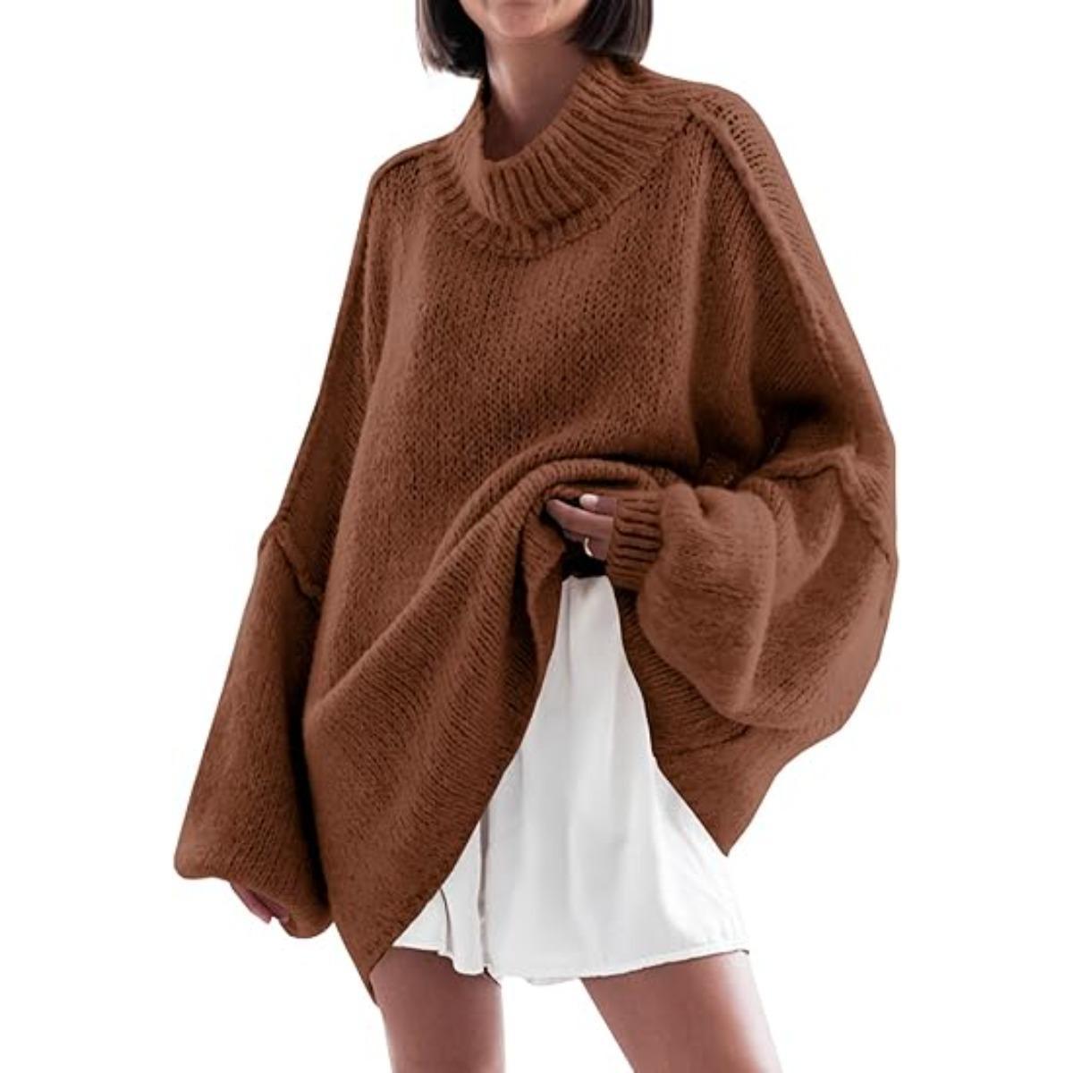 Brown Imily Bela【Oversized】Womens Sweaters Mock Neck Batwing Long Sleeve Fall Trendy Ribbed Knit Casual Tunic Sweater