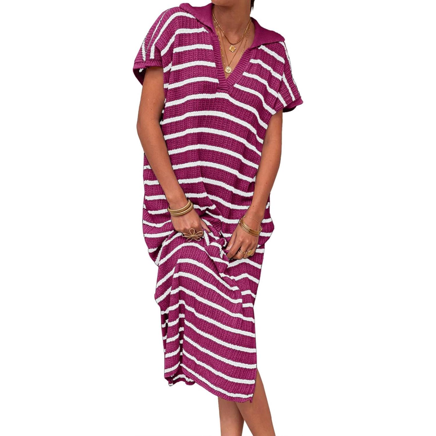 Imily Bela Womens Striped Summer Dresses Short Sleeve V Neck Knit Collared Sexy Slit Loose Maxi Sweater Dress