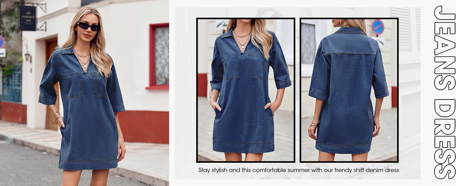 Imily Bela Womens Denim Shirt Dress Summer Collared V Neck Mini Casual Jean Dresses with Pockets