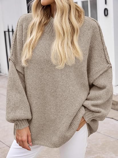 Imily Bela【Oversized】Womens Sweaters Mock Neck Batwing Long Sleeve Fall Trendy Ribbed Knit Casual Tunic Sweater