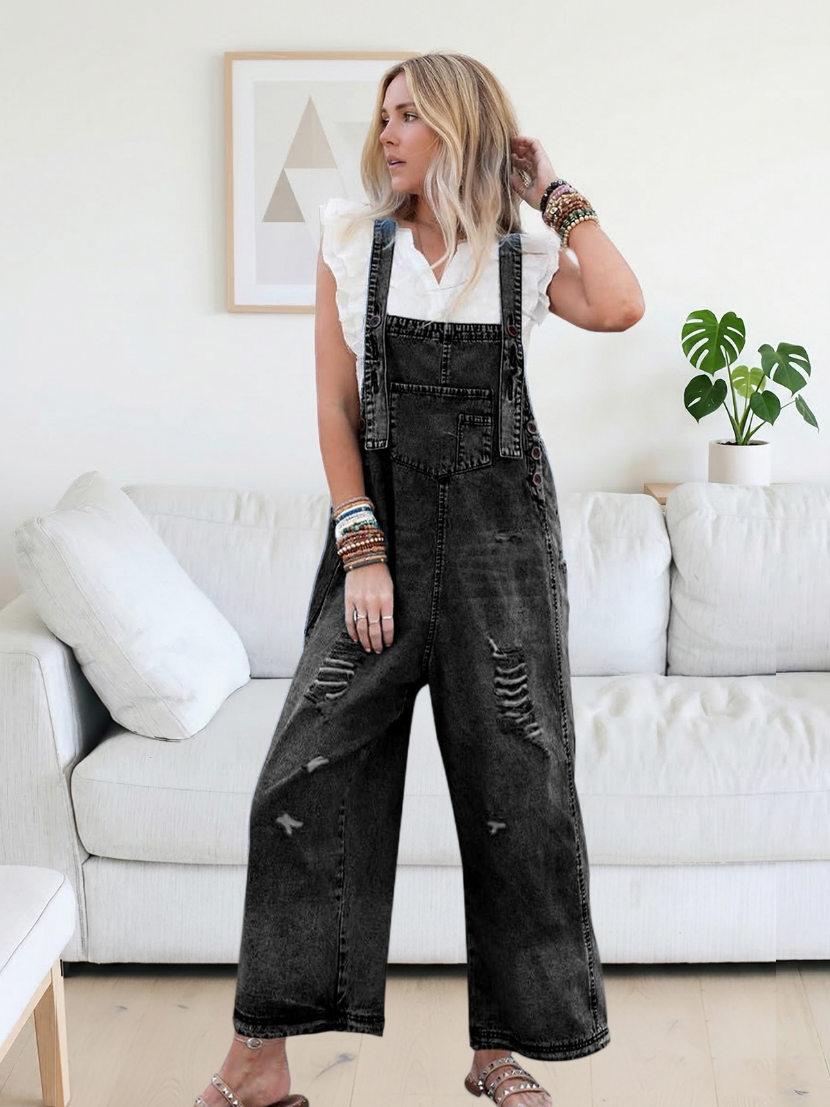 Imily Bela Women's Casual Denim Overalls Loose Adjustable Strap Distressed Bib Jeans Overall Jumpsuits with Pocket