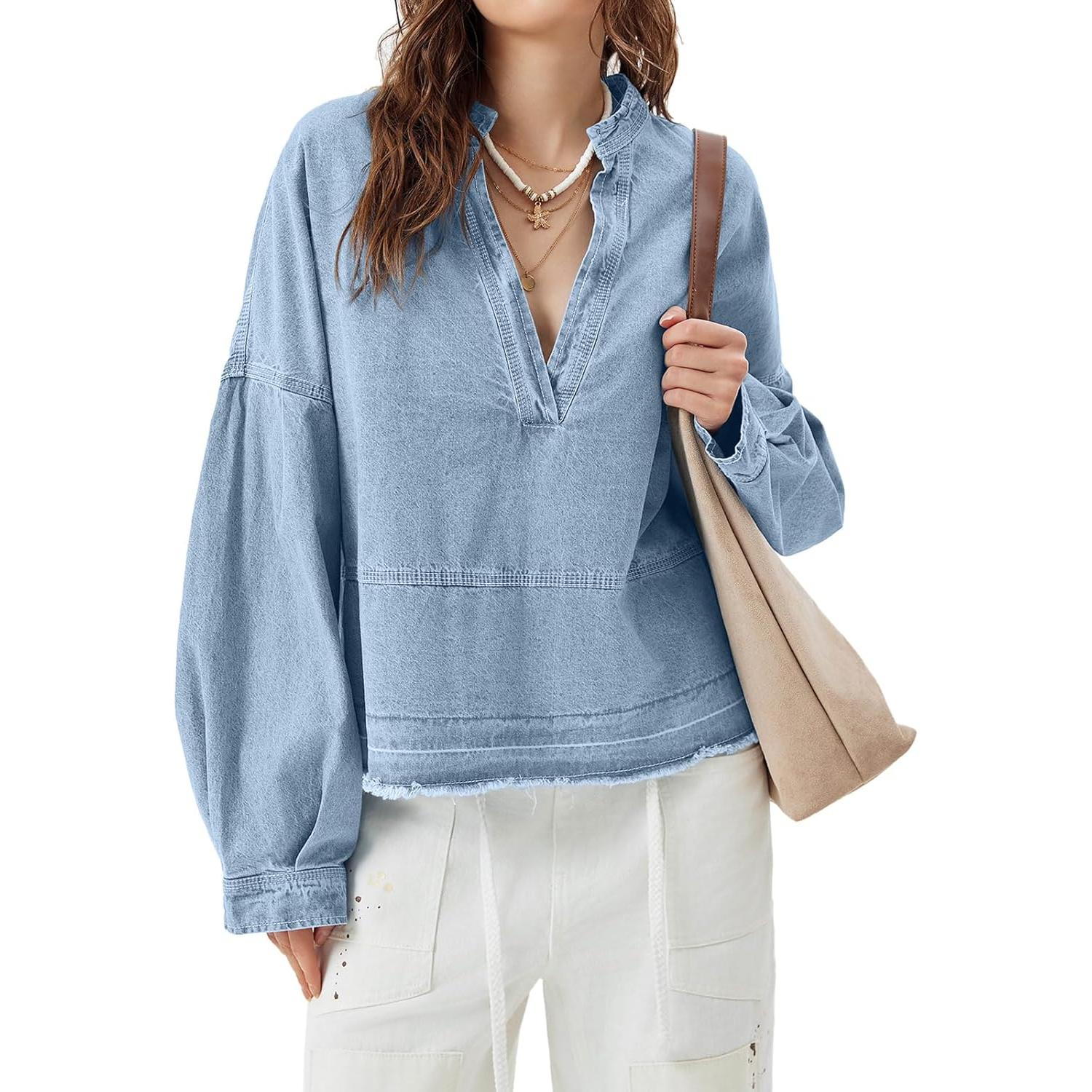 Light Blue-1 Imily Bela S~2XL Womenswear FallFreshness Denim Pullover Casual Comfort Button V Neck Blouse Loose Fit Tops Longsleeves Jean Jacket With Pocket