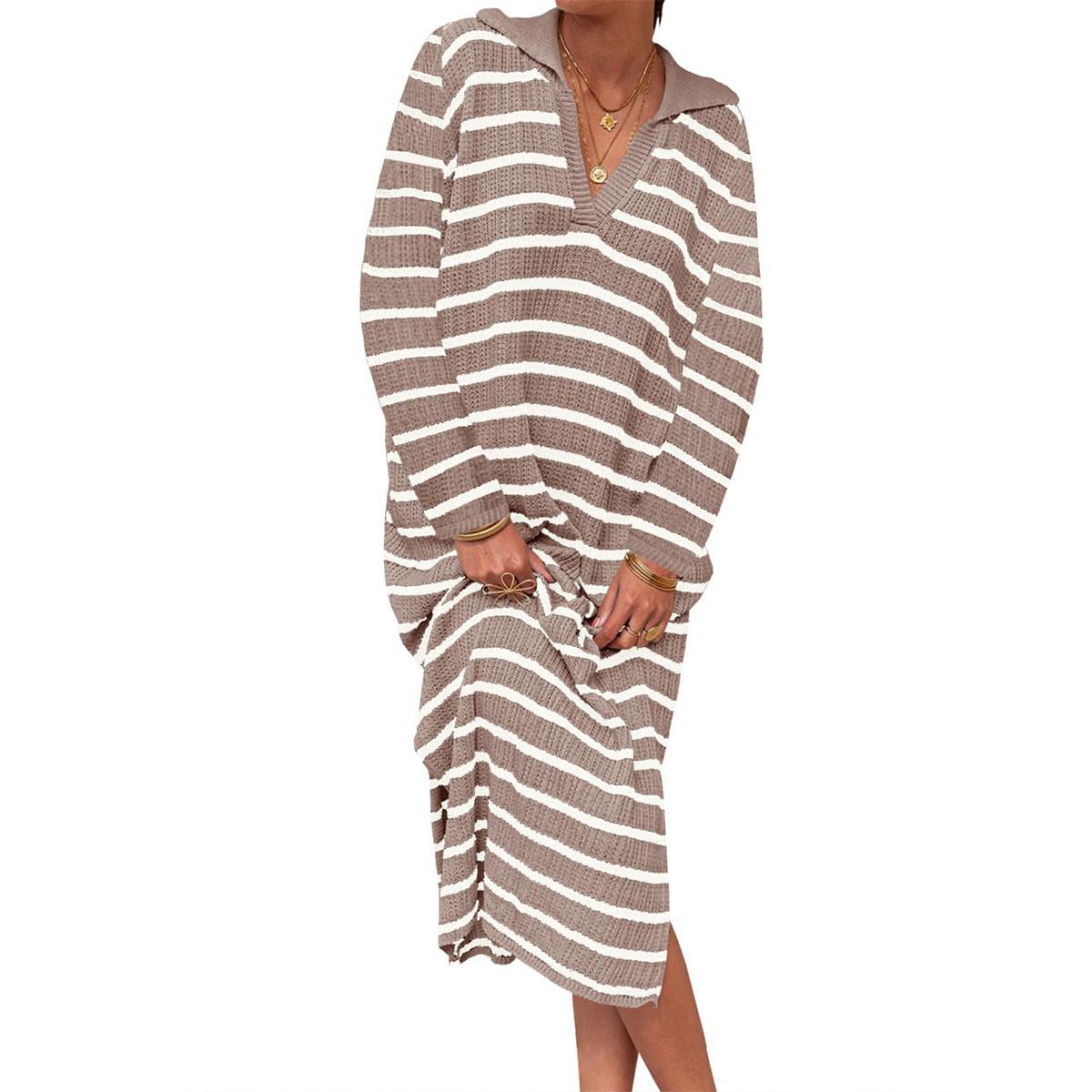 Light Khaki-long sleeve Imily Bela Womens Striped Summer Dresses Short Sleeve V Neck Knit Collared Sexy Slit Loose Maxi Sweater Dress