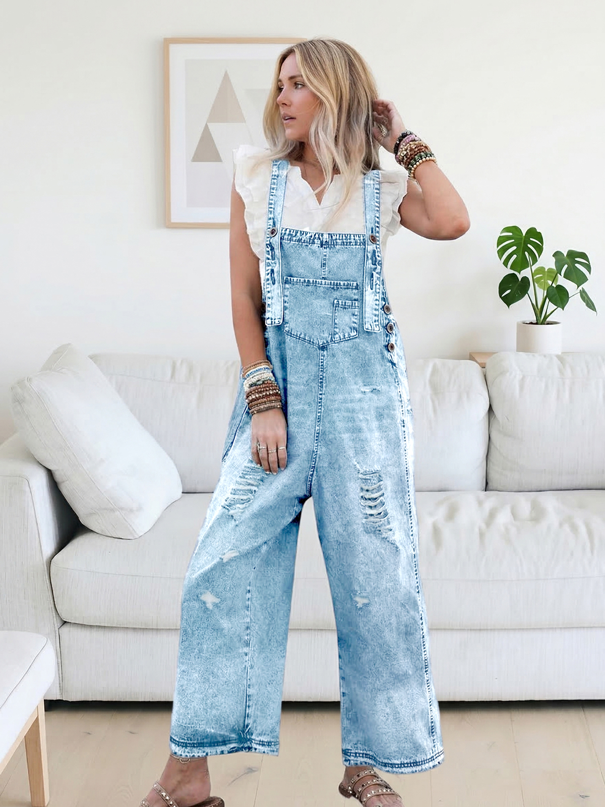 Imily Bela Women's Casual Denim Overalls Loose Adjustable Strap Distressed Bib Jeans Overall Jumpsuits with Pocket