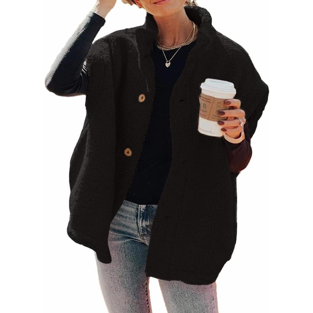 Black Imily Bela Womens Fuzzy Fleece Vest Casual Oversized Warm Button Down Sherpa Vest Jacket with Pockets