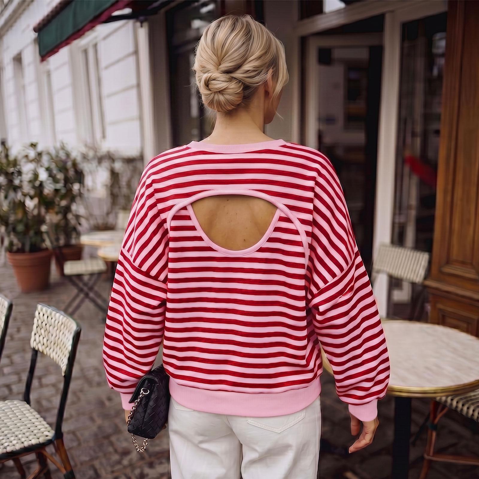 Imily Bela Women’s Striped Oversized Pullover Sweatshirt, Open Back Design, 2026 Cutout Back Pullover Top, Fashion Casual Long Sleeve Shirt