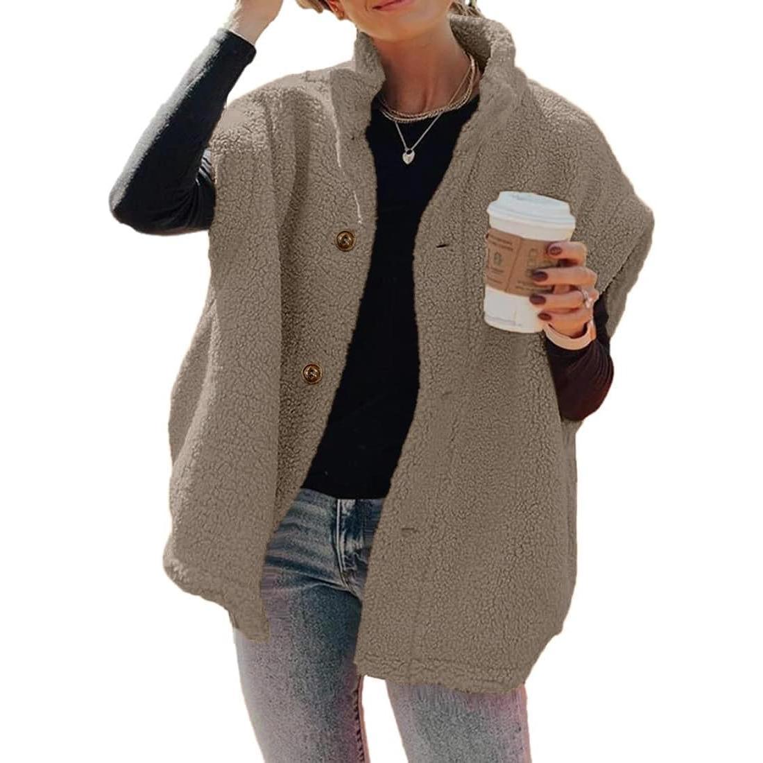 Tan Imily Bela Womens Fuzzy Fleece Vest Casual Oversized Warm Button Down Sherpa Vest Jacket with Pockets