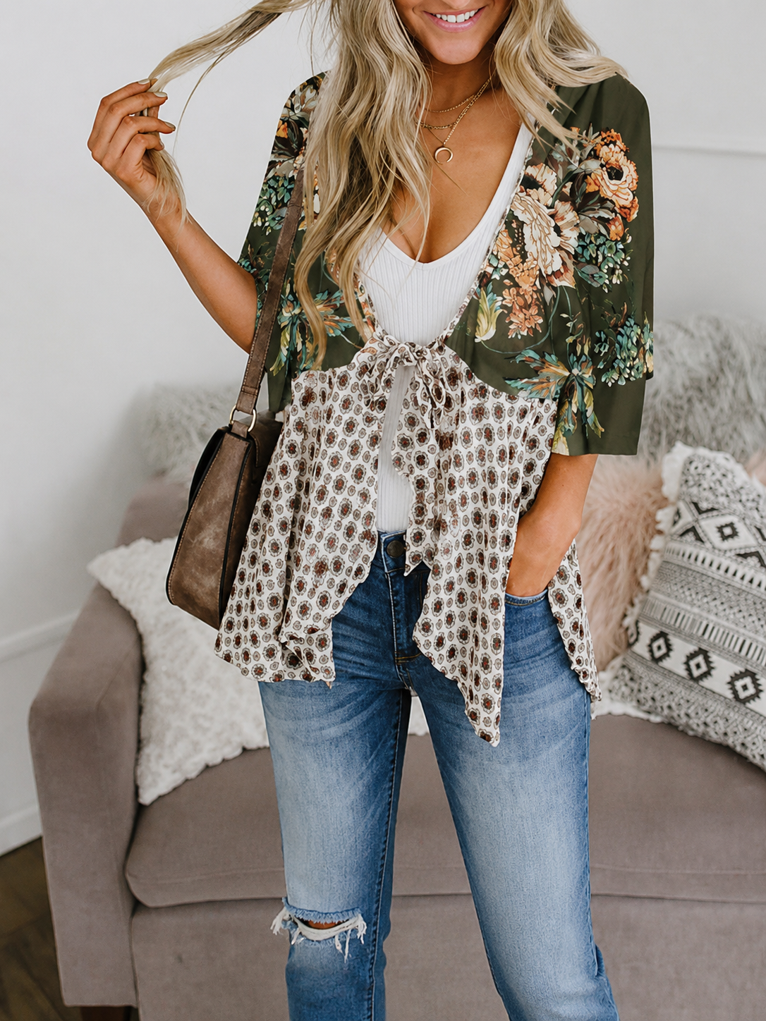 Imily Bela Women Floral Kimono Cardigans 3/4 Ruffle Sleeve Lightweight Patchwork Flowy Boho Tie Loose Cover Ups