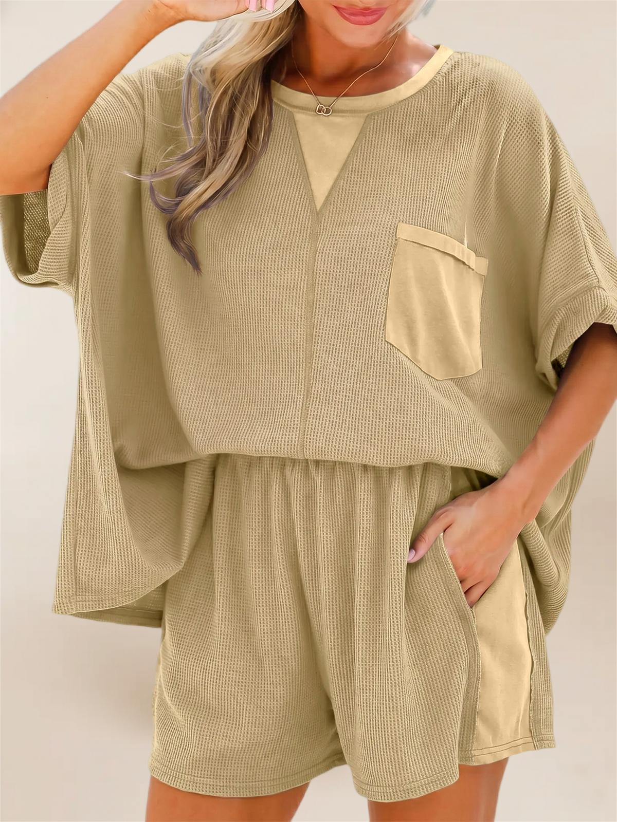 Imily Bela Womens Summer Waffle Knit 2 Piece Outfits Oversized T Shirt Casual Shorts Loungwear Short Sets