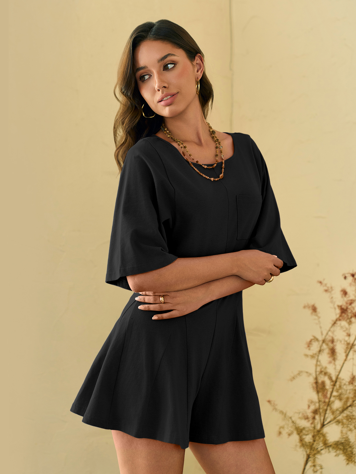 Imily Bela Rompers for Women Summer Outfits Slim Fit Short Sleeve Crew Neck Jumpsuits with Pocket