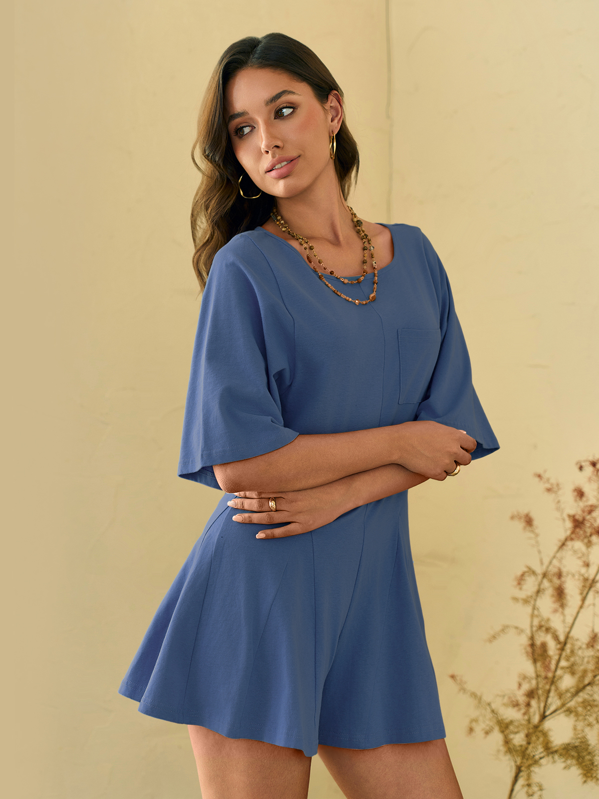 Imily Bela Rompers for Women Summer Outfits Slim Fit Short Sleeve Crew Neck Jumpsuits with Pocket