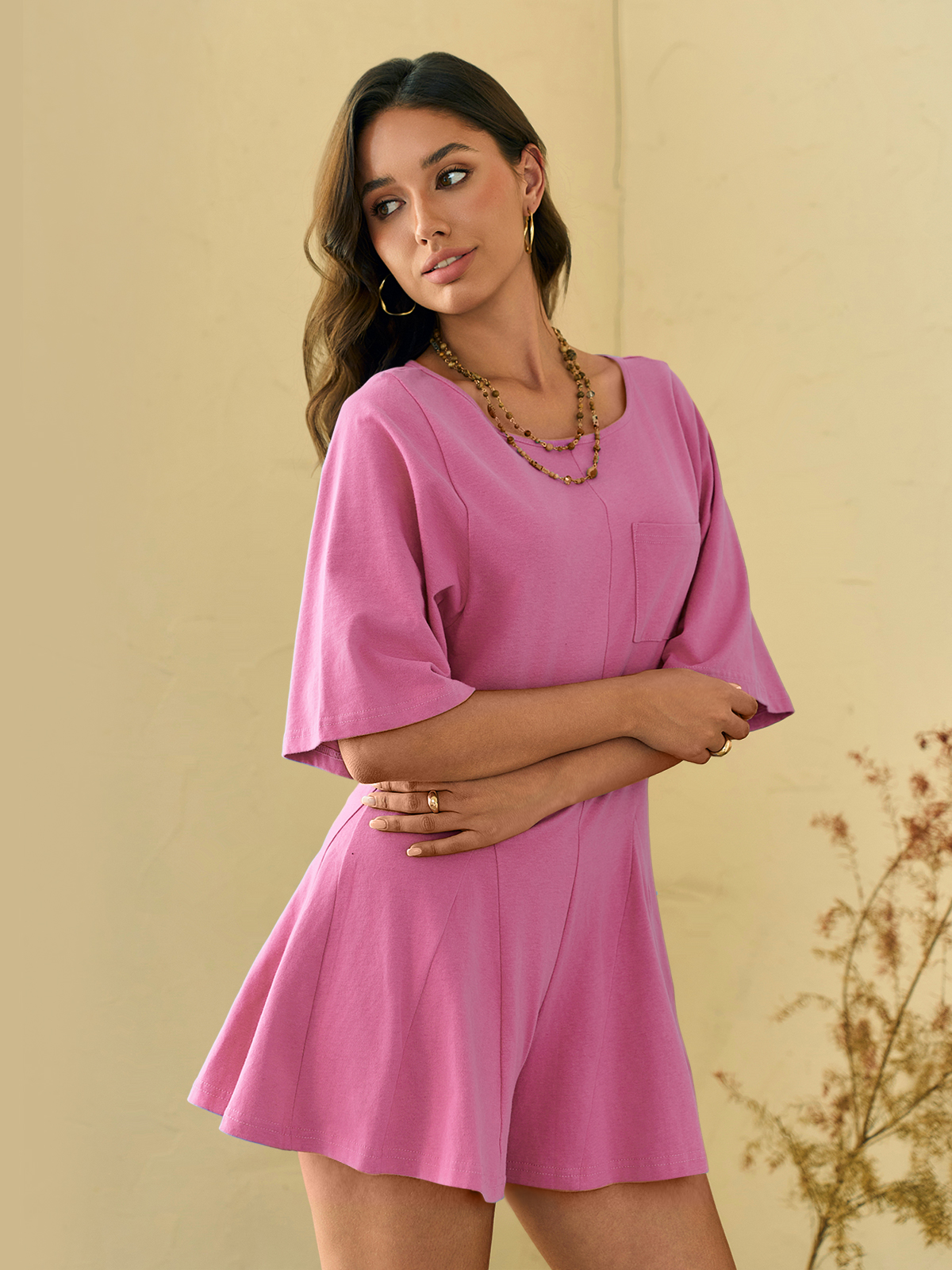 Imily Bela Rompers for Women Summer Outfits Slim Fit Short Sleeve Crew Neck Jumpsuits with Pocket