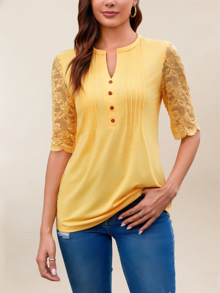 Imily Bela Womens Summer Tops Pleated Button Down Short Sleeve T-Shirt V-Neck Casual Lace Blouse