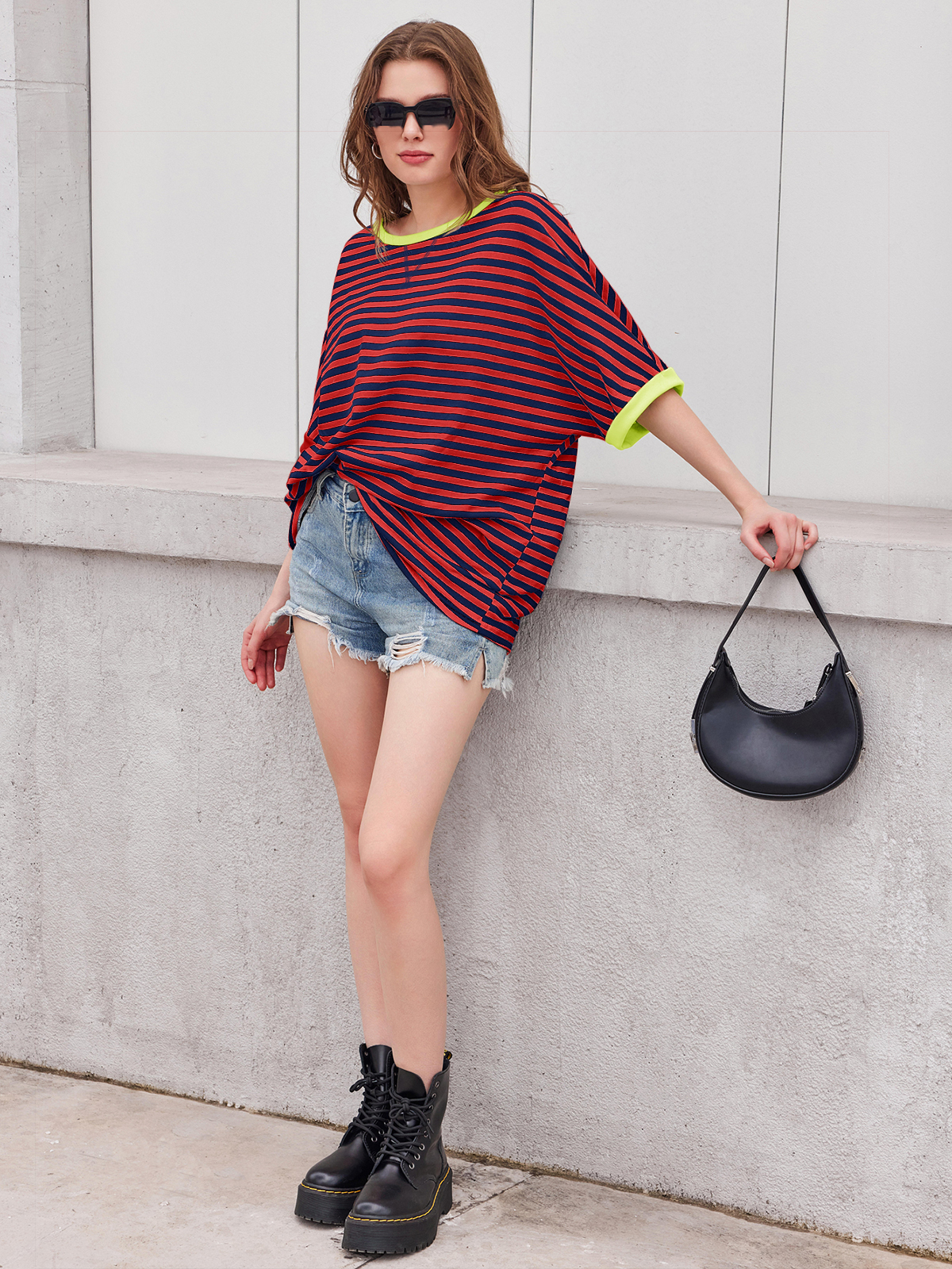 Imily Bela Womens Oversized Striped Tee Shirt Summer Casual Color Block Half Sleeve Crew Neck Tunic Tops