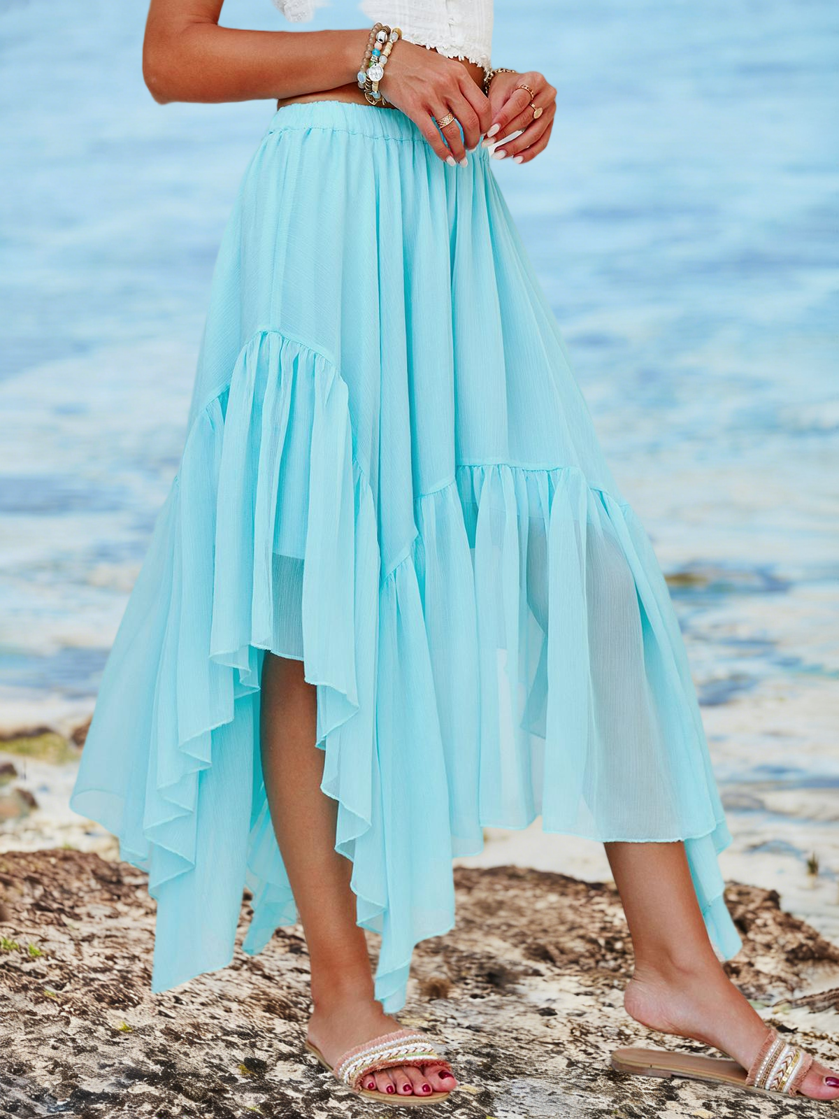 Imily Bela Womens Summer Boho Maxi Skirt Casual Asymmetric High-Low Hem Flowy Bohemia Long Skirt