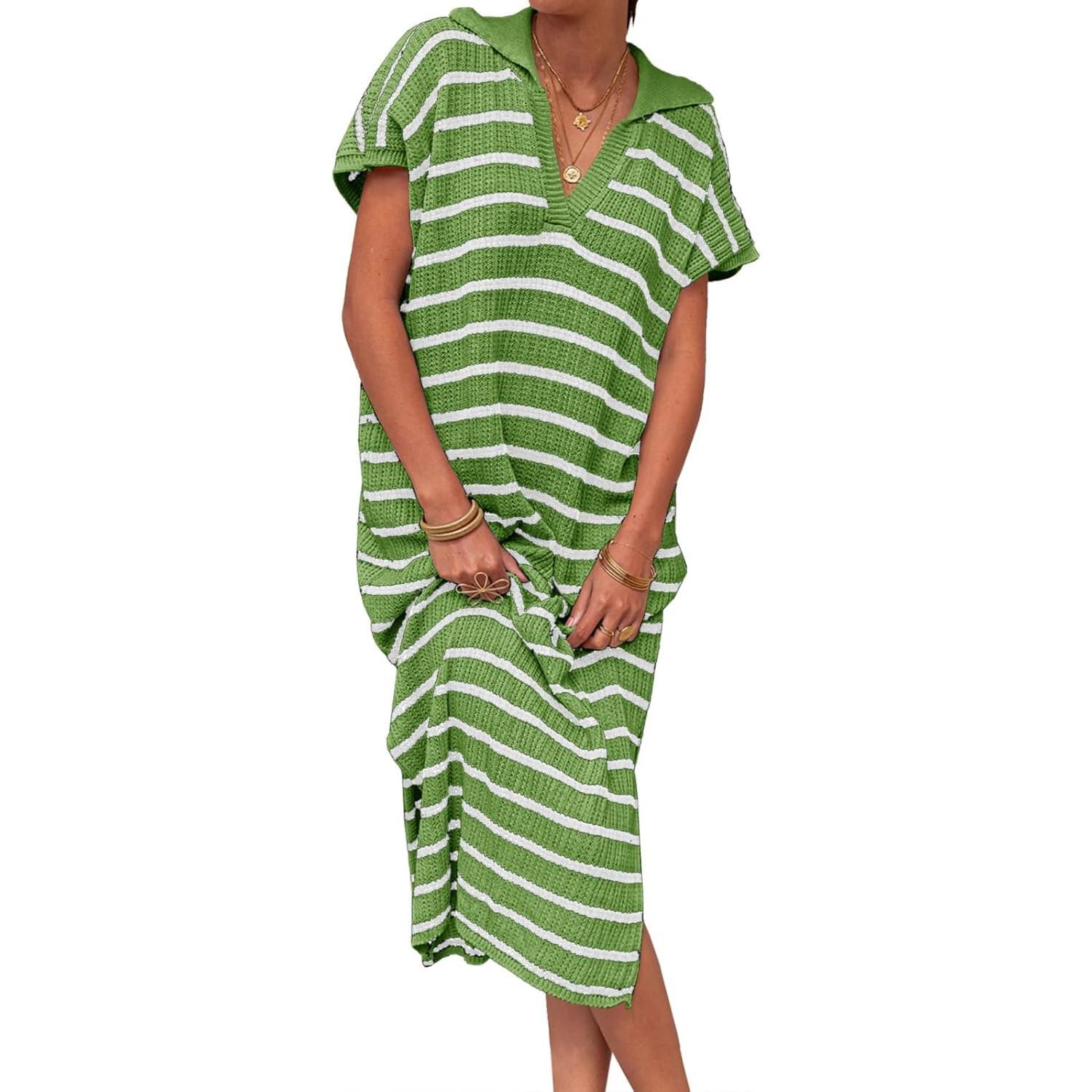 Imily Bela Womens Striped Summer Dresses Short Sleeve V Neck Knit Collared Sexy Slit Loose Maxi Sweater Dress
