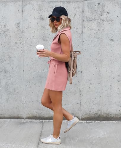 Imily Bela Women's Casual Sleeveless Short Rompers Summer Half Zip Lapel Collar Drawstring Knit One Piece Jumpsuit with Pockets