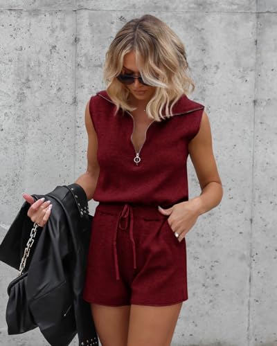 Imily Bela Women's Casual Sleeveless Short Rompers Summer Half Zip Lapel Collar Drawstring Knit One Piece Jumpsuit with Pockets
