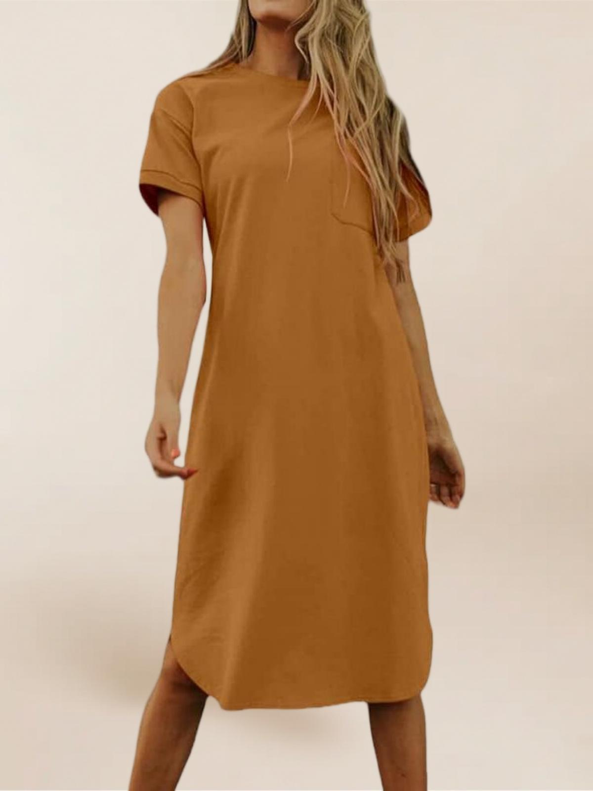 Imily Bela Summer Dress For Women Crew Neck Short Sleeve Solid Basic T-Shirts Casual Midi Dresses With Pocket