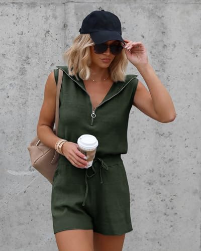 Imily Bela Women's Casual Sleeveless Short Rompers Summer Half Zip Lapel Collar Drawstring Knit One Piece Jumpsuit with Pockets