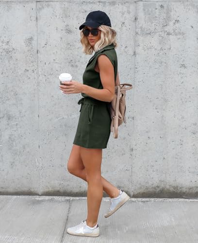 Imily Bela Women's Casual Sleeveless Short Rompers Summer Half Zip Lapel Collar Drawstring Knit One Piece Jumpsuit with Pockets