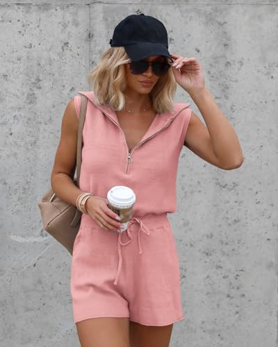 Imily Bela Women's Casual Sleeveless Short Rompers Summer Half Zip Lapel Collar Drawstring Knit One Piece Jumpsuit with Pockets