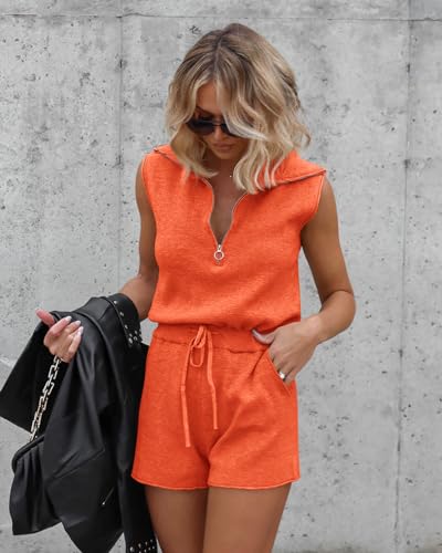 Imily Bela Women's Casual Sleeveless Short Rompers Summer Half Zip Lapel Collar Drawstring Knit One Piece Jumpsuit with Pockets
