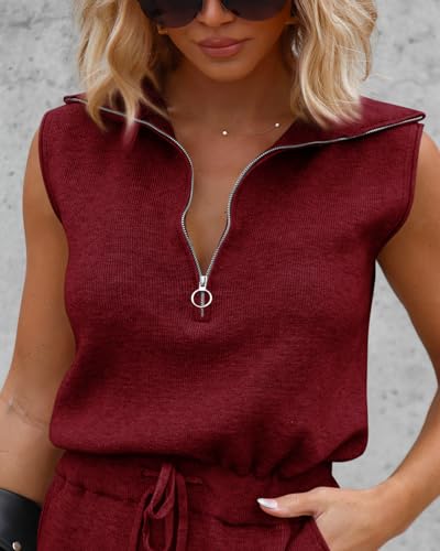 Imily Bela Women's Casual Sleeveless Short Rompers Summer Half Zip Lapel Collar Drawstring Knit One Piece Jumpsuit with Pockets