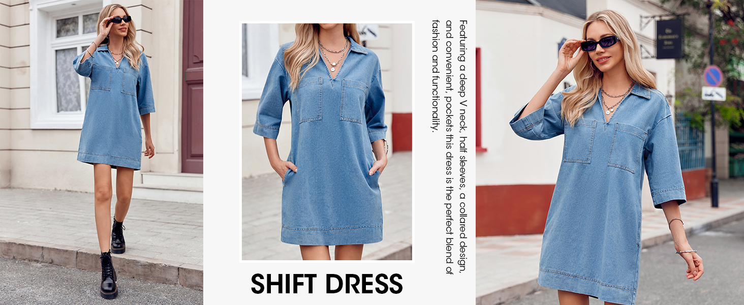Imily Bela Womens Denim Shirt Dress Summer Collared V Neck Mini Casual Jean Dresses with Pockets