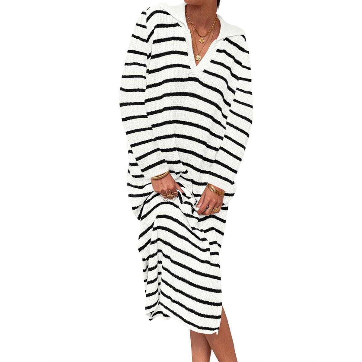 White-long sleeve Imily Bela Womens Striped Summer Dresses Short Sleeve V Neck Knit Collared Sexy Slit Loose Maxi Sweater Dress