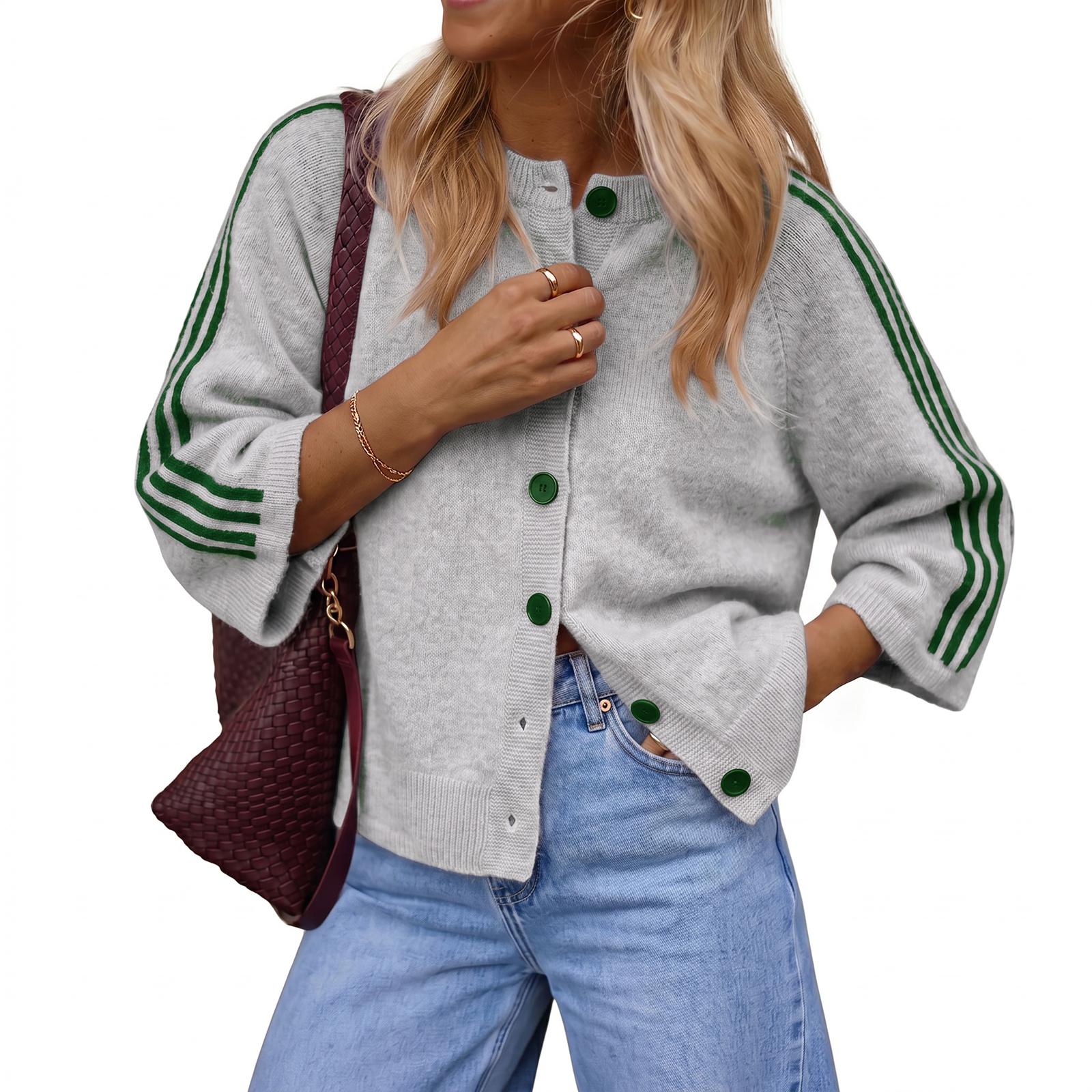 Imily Bela Women Striped 3/4 Sleeve Knit Cardigan Casual Crew Neck Button Down Cropped Sweater Jacket Y2K Fall Outfits Striped Knitted Cardigan Knitting Cardigan